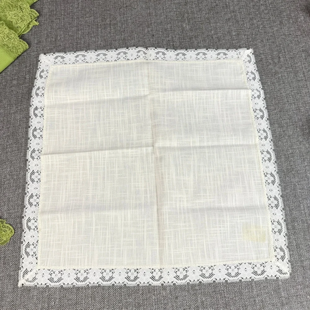 Vintage Lace Trim Cloth Napkin Set 10pc Green Cream White Linen Lot of 8